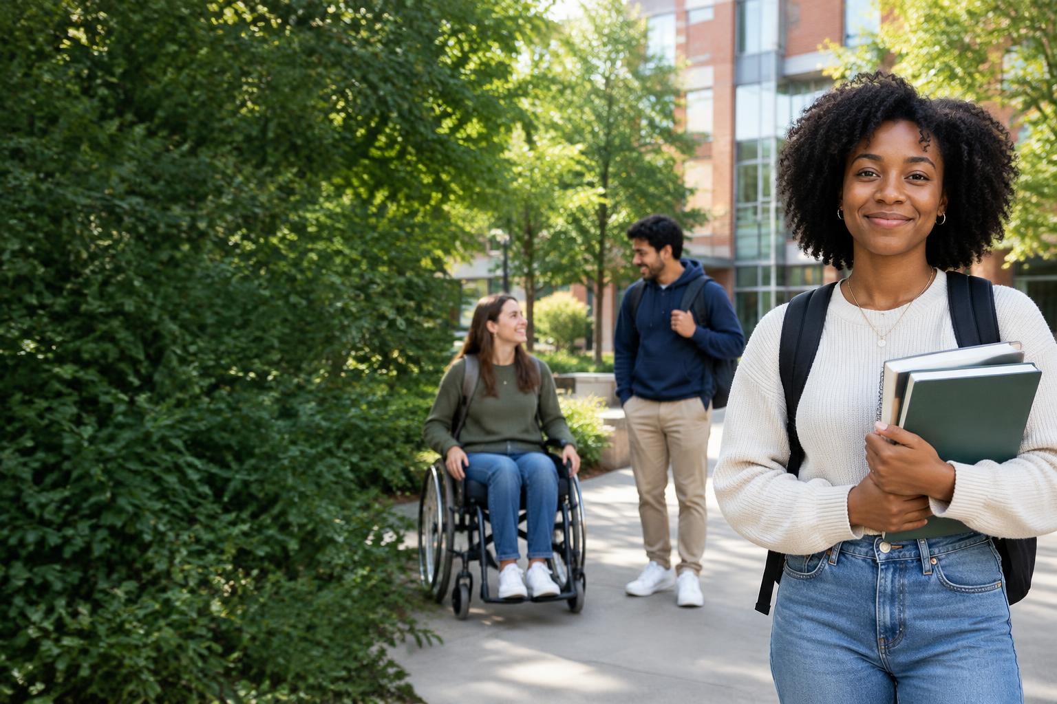Students together on campus, including a wheelchair user, with a student holding her books