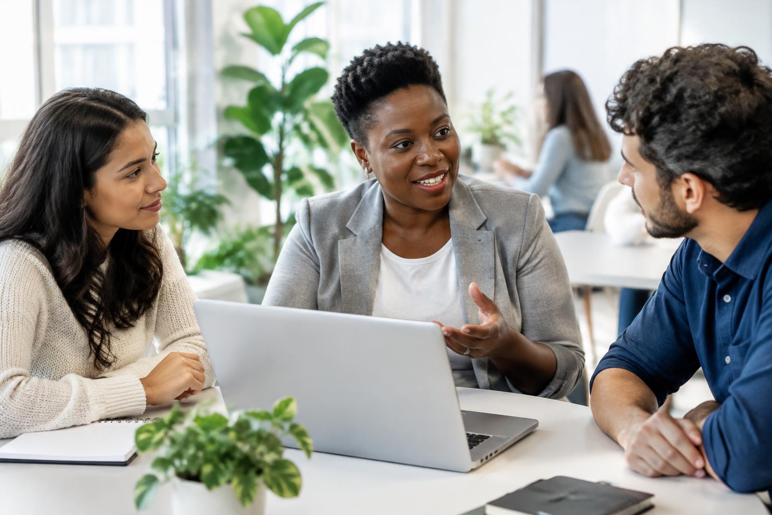 An advisor and two learners discussing their plans around a laptop